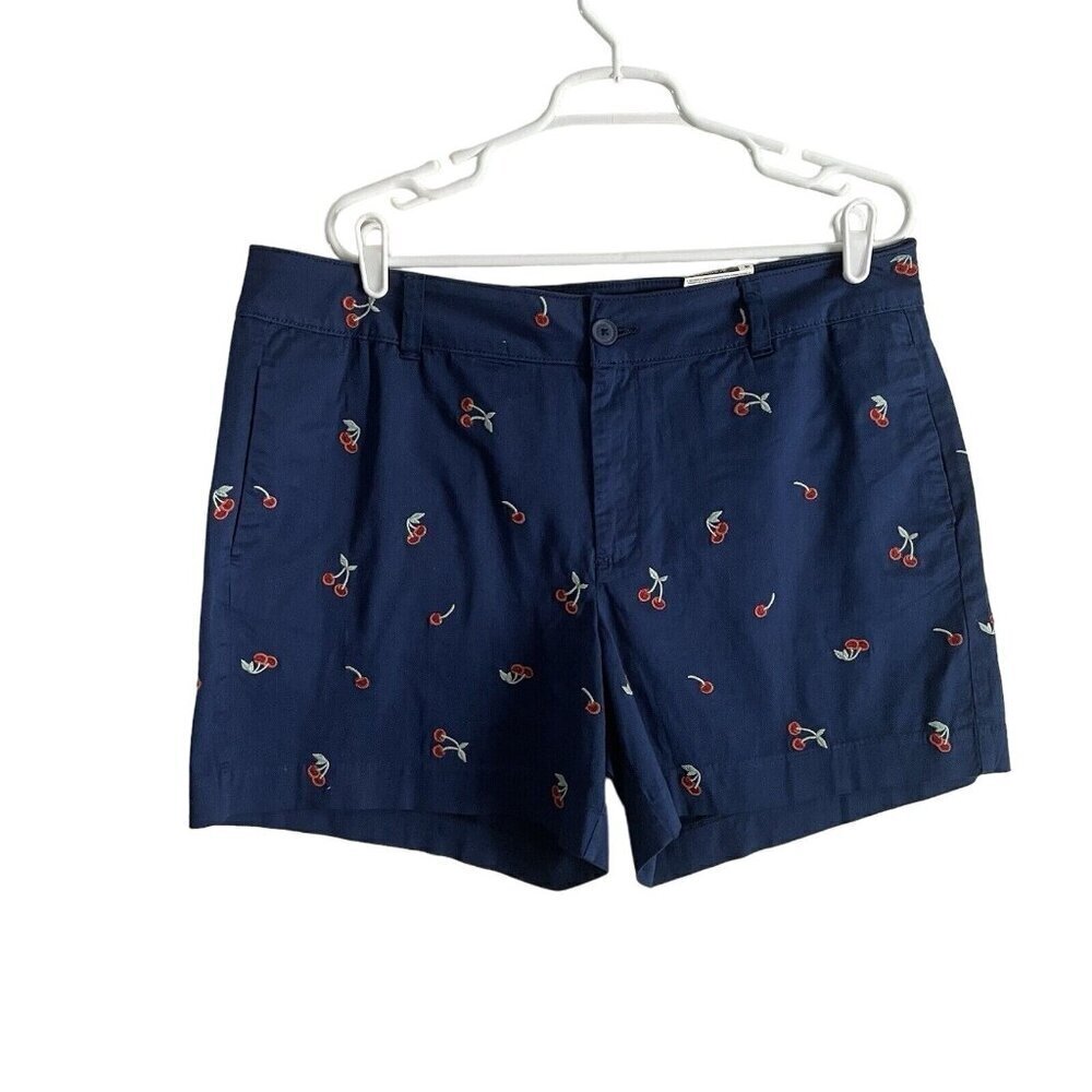 St Johns Bay Women SZ 16 Navy Blue Red Embroidered Cherries 5” Inseam Shorts NWT